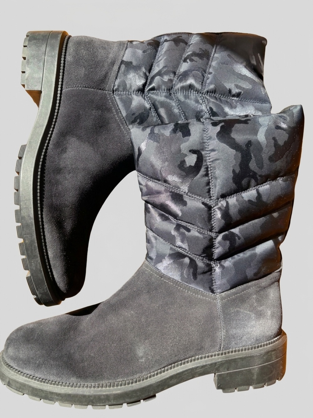 Aquatalia Weatherproof blue Suede Nylon quilted camouflage snow boot nwbt